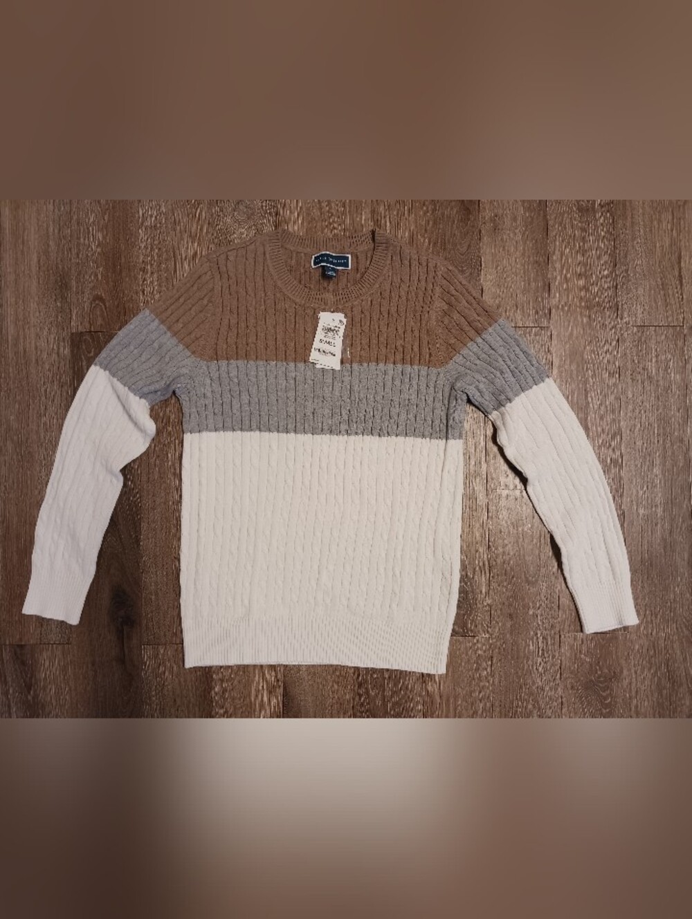 Karen Scott Three-Tone Cable Crewneck Sweater - Brown, Gray & Cream Small